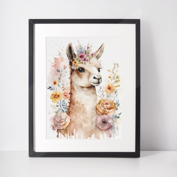 Watercolor Cute Floral Llama Wall Art Illustration Print Poster Card Unframed - Picture 2 of 6